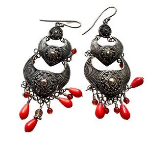 Regal Statement: Crescent and Red Bead Dangle Earrings